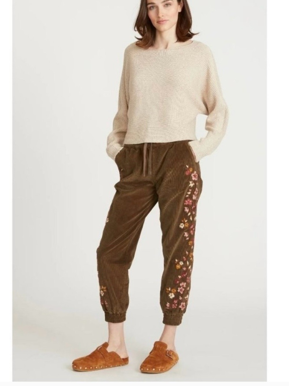 Free People Driftwood floral embroidered corduroy joggers size small
